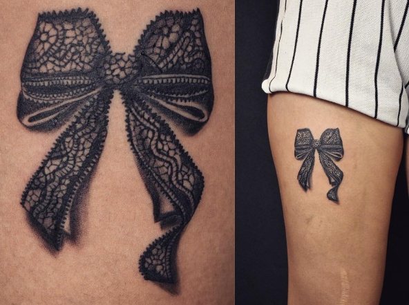 Nœud de dentelle sur les jambes en guise de tatouage