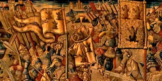 Bataille de Tolbiac, un fragment de la tapisserie avec les bannières de Chlodwig.