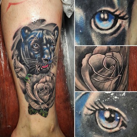 Tatouage coloré de panthère et de fleurs
