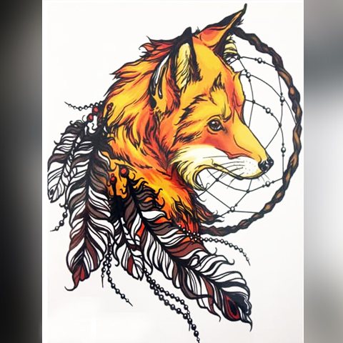 Croquis d'un tatouage de capteur de rêves et de renard