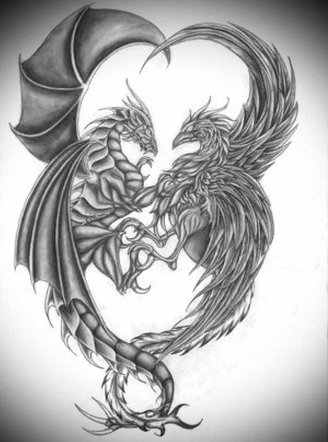 Esquisse d'un tatouage masculin avec deux dragons