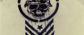 Esquisse d'un tatouage nazi représentant une tête de mort avec un casque.
