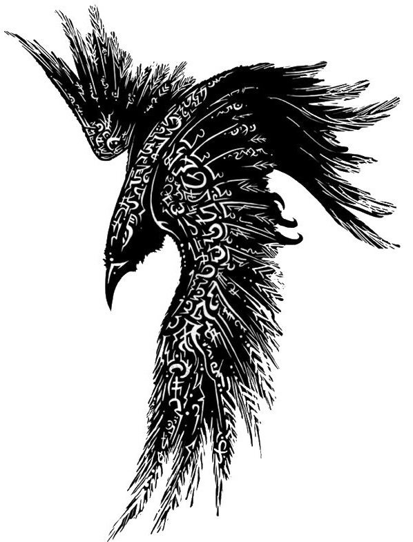 Esquisse d'un tatouage de corbeau qui va de la nuque à l'arrière en douceur