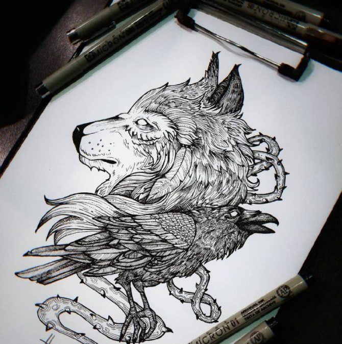 Croquis du loup et du corbeau