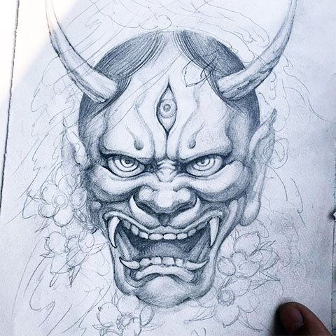 Esquisse d'un démon japonais Oni pour un tatouage