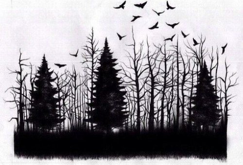 Croquis de tatouages noirs forêt avec oiseaux