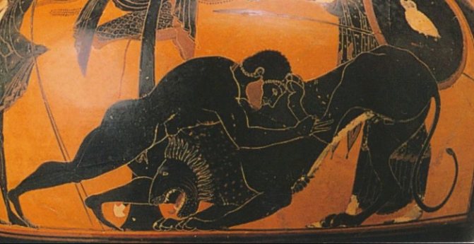 Hercule tue le lion de Némée. Fragment de peinture d'un vase de la Grèce antique
