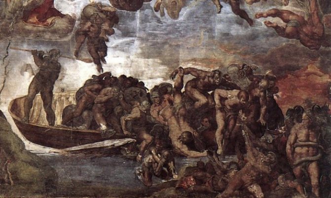 Charon déchargeant son bateau. Fragment de la fresque de Michel-Ange Le Jugement dernier dans la chapelle Sixtine au Vatican