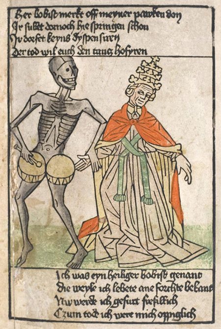 Illustration tirée du Heidelberger Bilderkatechismus, auteur inconnu, 1455. Il s'agit probablement de l'une des plus anciennes représentations de la danse de la mort.
