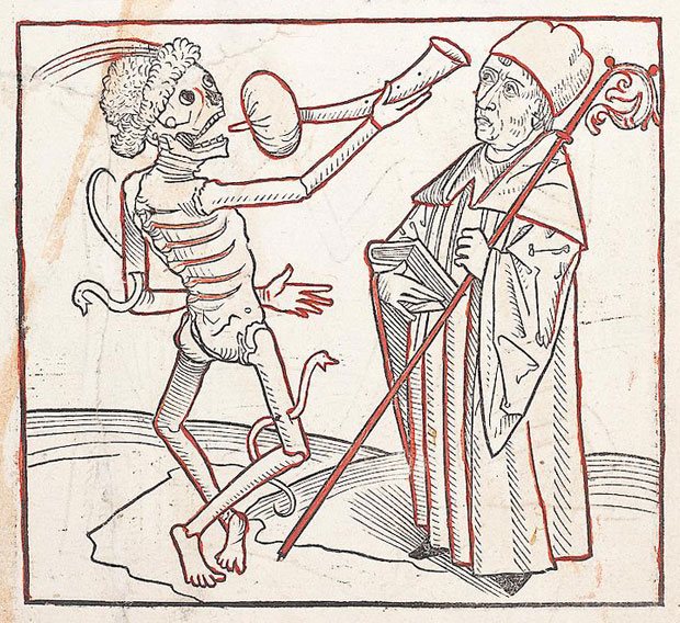 Illustration tirée du Heidelberger Totentanz, auteur inconnu, 1488. Les spécialistes pensent qu'il s'agit du premier livre consacré uniquement à la danse de la mort. Le livre contient une série de 38 gravures sur bois dans lesquelles la mort est visitée par des citoyens de tous horizons.