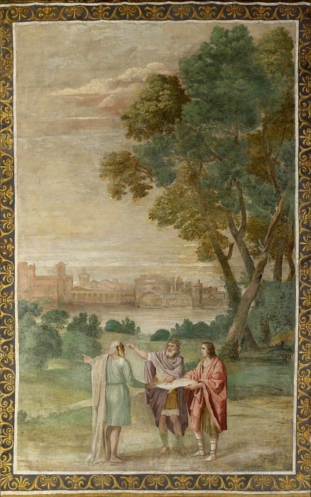 Le tableau est Domenichino et l'assistant. Apollo et Neptune indiquant la voie à suivre pour Laomedon. British National Gallery, Londres, Royaume-Uni