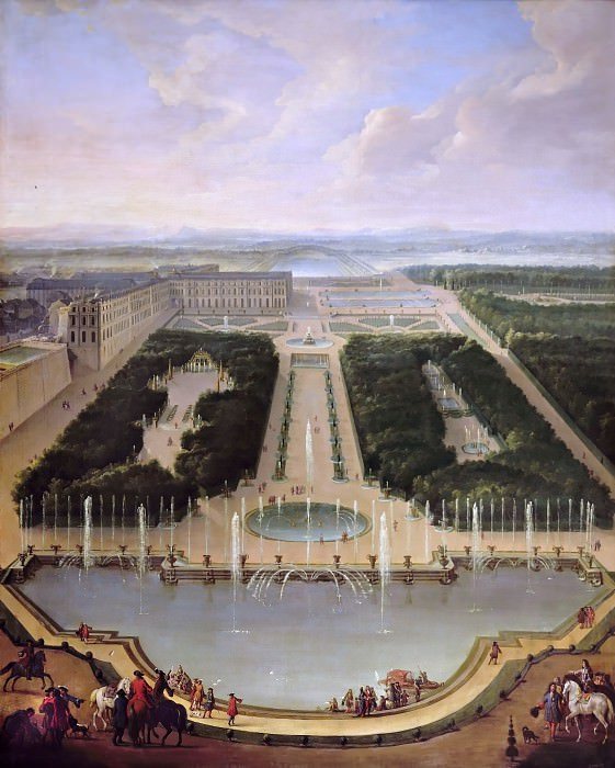 Peinture de Jean-Baptiste Martin. La fontaine du Dragon et de Neptune à Versailles, 1700 Château de Versailles, Paris, France