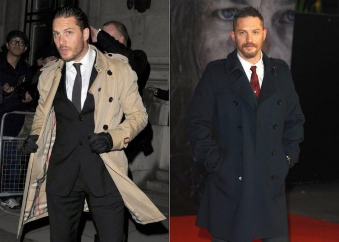Les trench-coats classiques sont généralement beiges, mais la garde-robe de l'acteur comprend des mackintoshoes bleu marine et noirs.