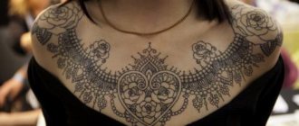 Magnifique tatouage de col en dentelle avec des cœurs et des roses symbolisant l'amour et la passion.