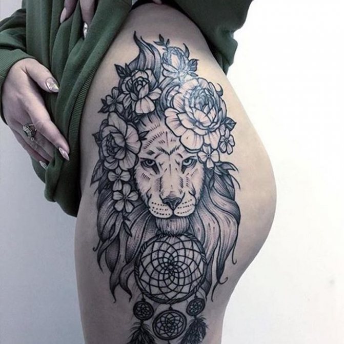 Dessin de tatouage d'attrape-rêves tigre sur la cuisse