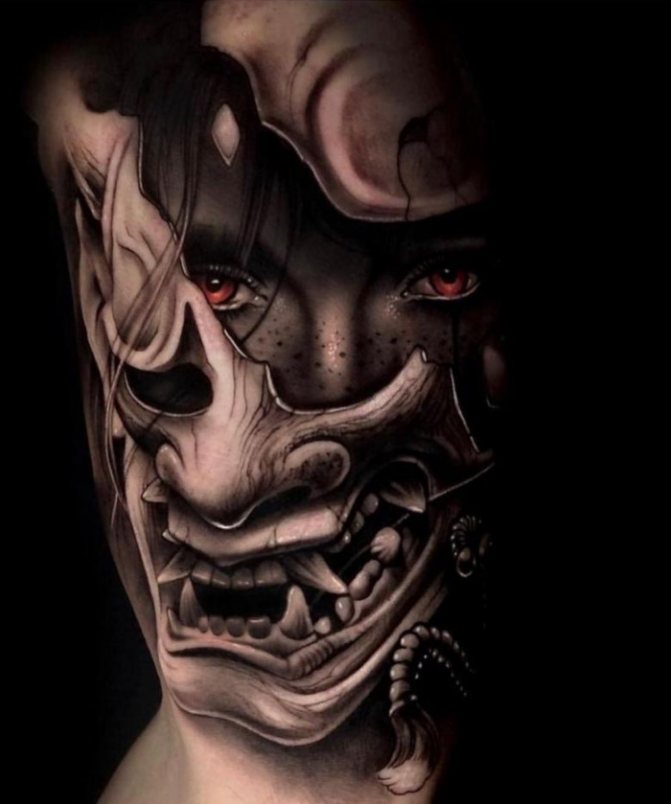 Masque de Hanja. Croquis, signification du tatouage sur l'avant-bras, le dos, la main, la jambe, l'épaule