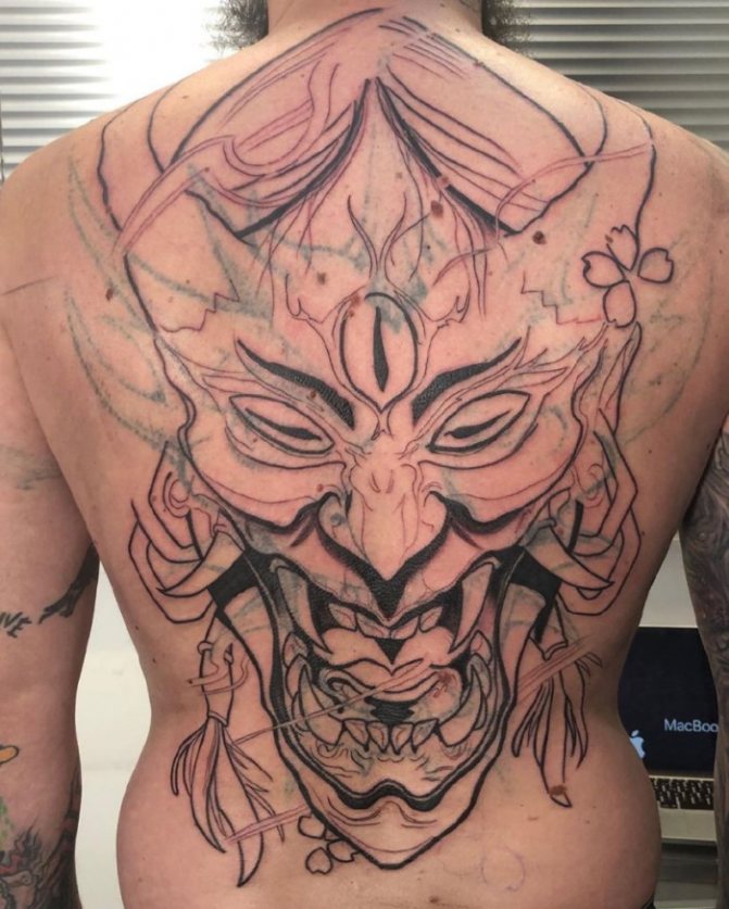 Masque de Chania. Croquis, signification d'un tatouage sur avant-bras, dos, main, jambe, épaule