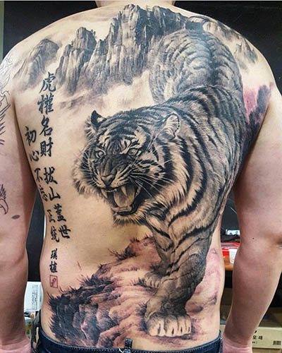 Le sourire du tigre. Photo, signification, sur l'épaule, le sternum, le bras, la jambe