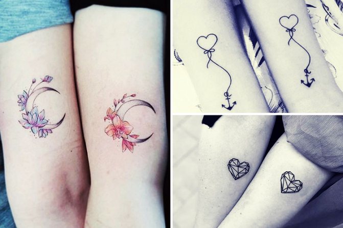 Tatouages jumelés pour les petites amies sur le bras, la jambe, le poignet, la clavicule. Photo