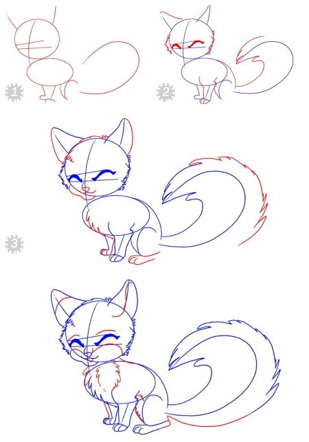 Dessin d'un renard au crayon pour les enfants : croquis étape par étape à partir d'un conte de fées, d'une fable, de formes géométriques, de symboles.