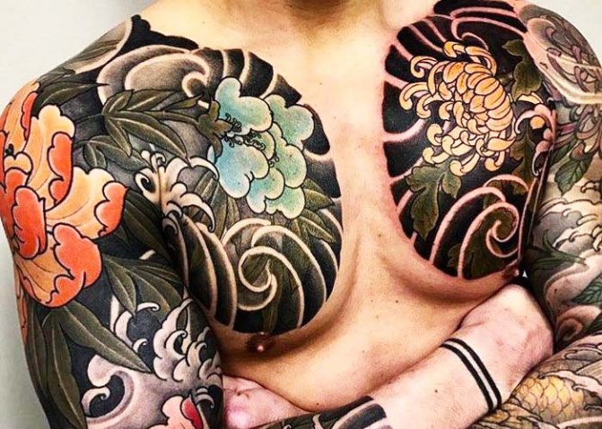 Manchon de style japonais. Motifs de tatouage, noir et blanc, couleur