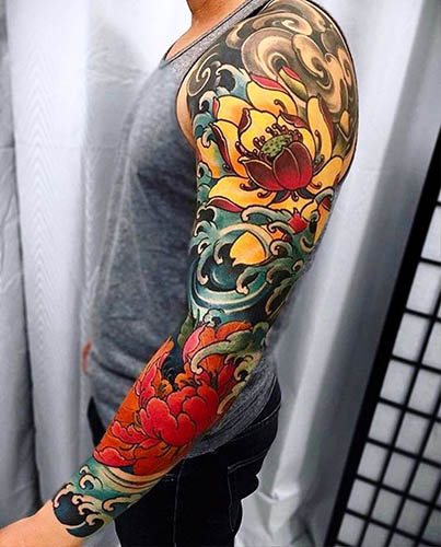 Manchon de style japonais. Motifs de tatouage, noir et blanc, couleur