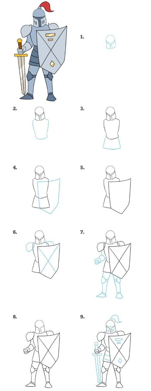 Chevalier en armure dessinant au crayon pour les enfants