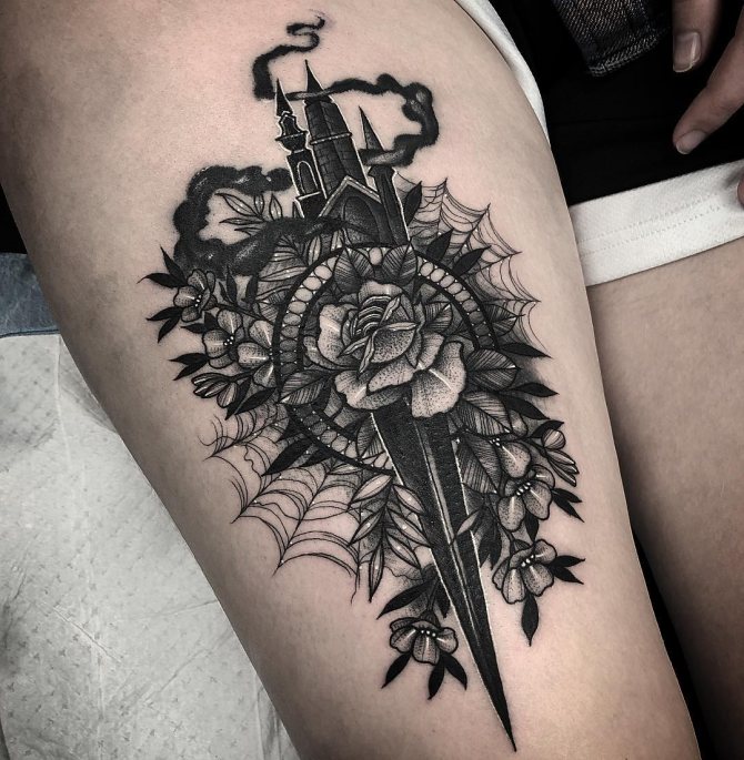 Tatouage d'une dague et d'une fleur de conte de fées