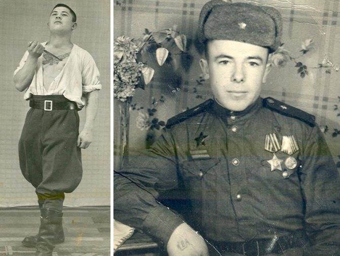 Un soldat soviétique soigné dans un hôpital en Allemagne. Un trophée en forme de poignard dans sa main et un aigle sur sa poitrine. / Participant à la prise de Berlin, un soldat primé posant dans un atelier. Les initiales de quelqu'un sont tatouées sur son bras.