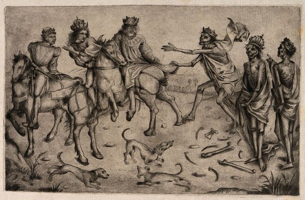 Le motif médiéval des Trois Morts et des Trois Vivants était un sujet populaire de nombreuses peintures murales et fresques. La légende raconte que trois jeunes hommes riches et fiers - un prince, un duc et un comte - rencontrent trois morts réanimés. Le premier cadavre avertit les seigneurs qu'ils deviendront aussi laids que lui, le deuxième se plaint de l'enfer et le troisième parle de l'inévitabilité de la mort et de la nécessité de s'y préparer.