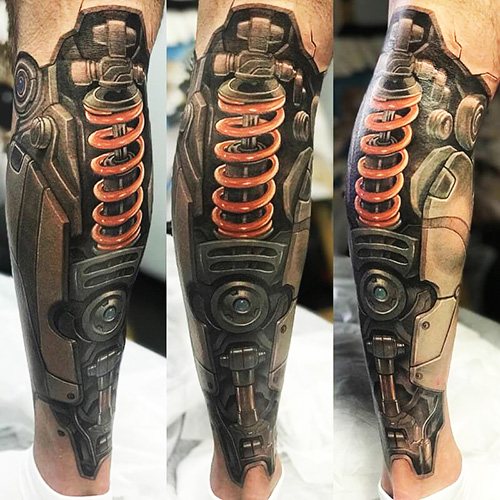 Tatouage d'un amortisseur sur la jambe. Photo, signification, croquis