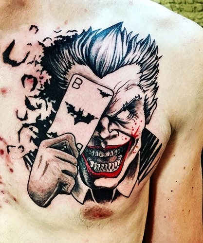 Tatouage Joker sur le bras, l'avant-bras, la jambe. Croquis, photo, signification
