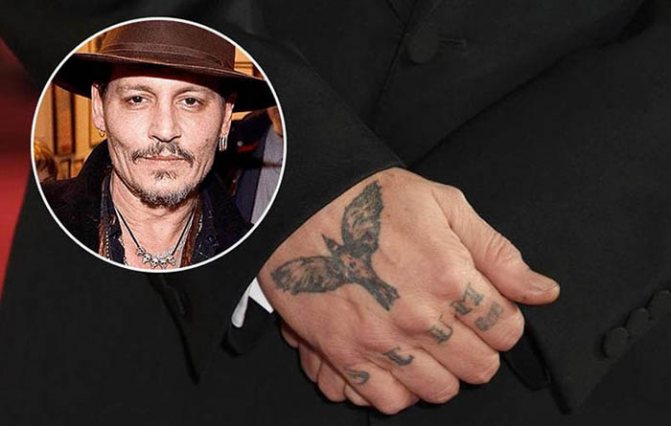 Un tatouage de Johnny Depp. Photos sur son bras, son dos et sa main