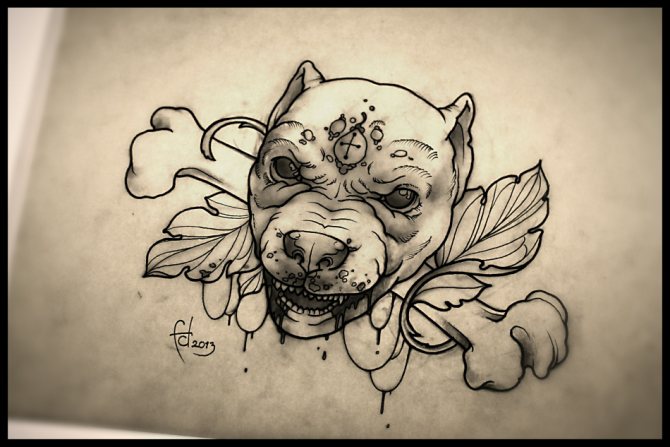 Dessin de tatouage d'un pitbull démoniaque