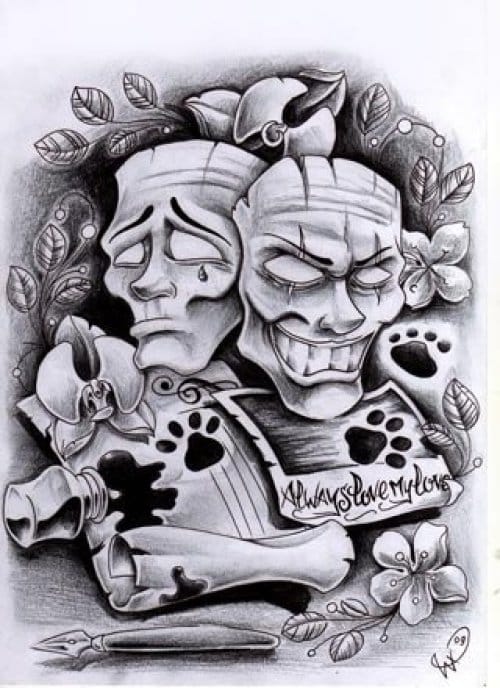 Dessins de tatouage sur le bras noir et blanc homme, deux masques