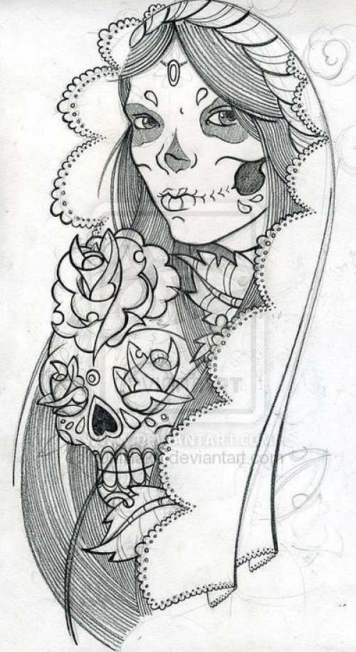 Dessins de tatouage sur le bras noir et blanc d'un homme, une mariée avec une tête de mort