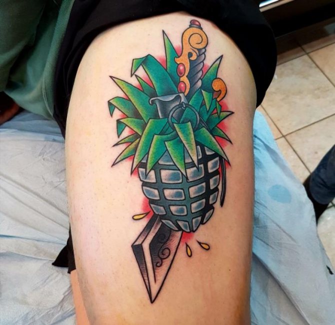 Tatouage d'une grenade - croquis, signification, idées de tatouage photo sur le bras, la main, le cou et la poitrine