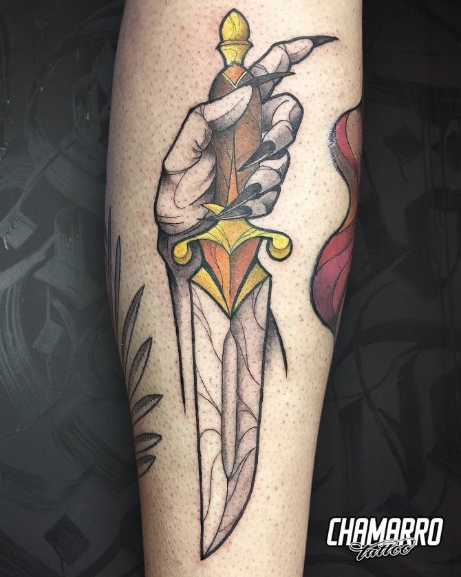 Tatouage de crâne de poignard sur la jambe