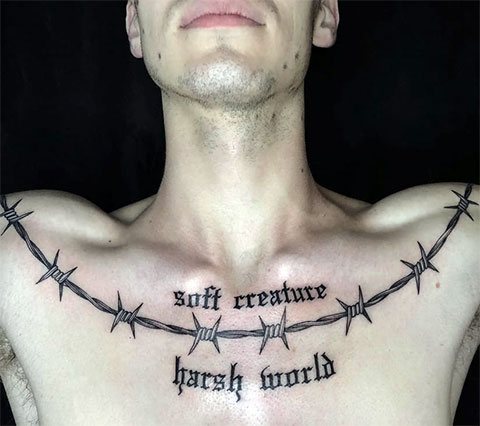 Tatouage de fil barbelé sur la poitrine, la clavicule et les épaules - photo