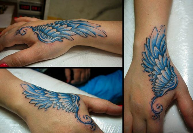 Tatouage d'une aile sur le bras d'une fille. Signature, croquis, photos