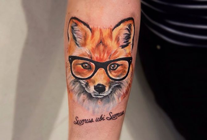 Tatouage d'un renard sur le bras avec des lunettes