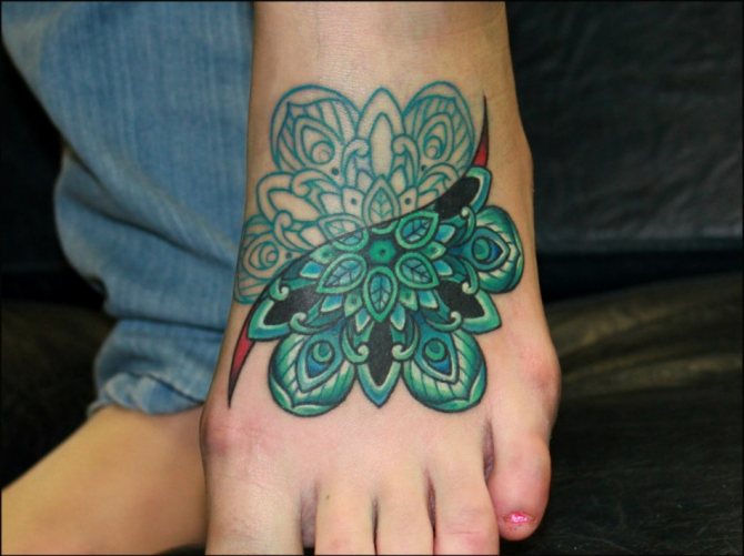 Tatouage mandala sur le pied symbolisant le cosmos