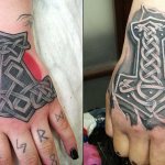 Le tatouage du marteau de Thor. Signification sur le bras, la main, le dos, l'épaule, la jambe, la photo