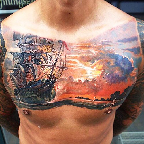 Tatouage avec thème nautique. Photos, croquis, manchon sur les jambes, les bras, les mollets, le dos, le poignet, sens