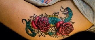 Tatouage sur la hanche pour les filles : croquis, motifs, inscriptions, petits tatouages, fleurs, animaux, dragons, roses. Photo