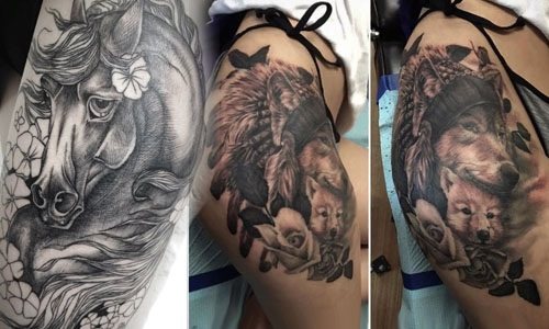 Tatouage sur la hanche pour les filles, photo. Beaux motifs, dentelle, fleurs, croquis, inscriptions avec traduction