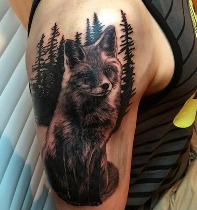 Tatouage sur le bras le renard et la forêt