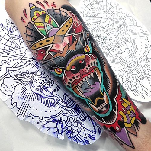 Tattoo Old School. Croquis homme, femme, noir et blanc, couleur