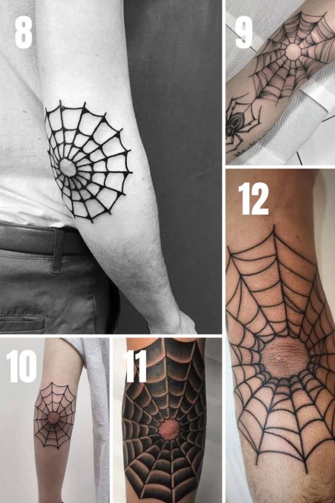 Tatouage d'une toile d'araignée sur le coude. Signification, croquis, photos