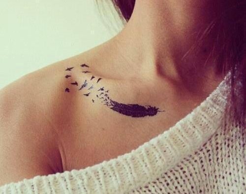 Tatouage plume - signification en fille avec mot, oiseaux, paon sur jambe, bras, poignet, estomac, cou, dos, clavicule, sur le côté.